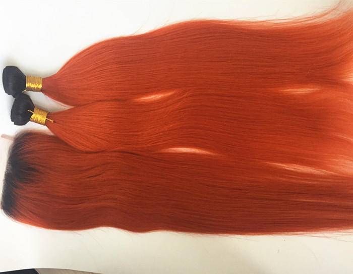 Real Human Hair weft Ombre Color 1b orange  Blonde Package Straight Brazilian Hair Sew In Extensions YL350